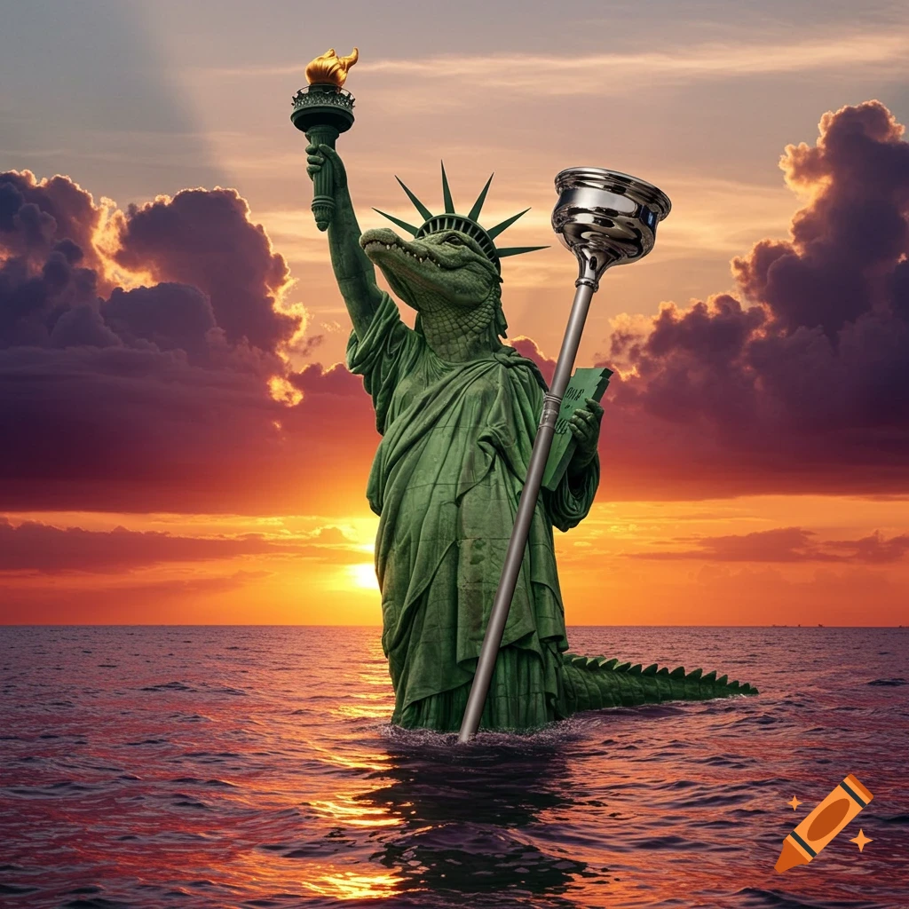 Photorealistic image of a green alligator-headed Statue of Liberty with a tail, holding a flaming torch and a giant plunger, standing in ocean water at sunset.