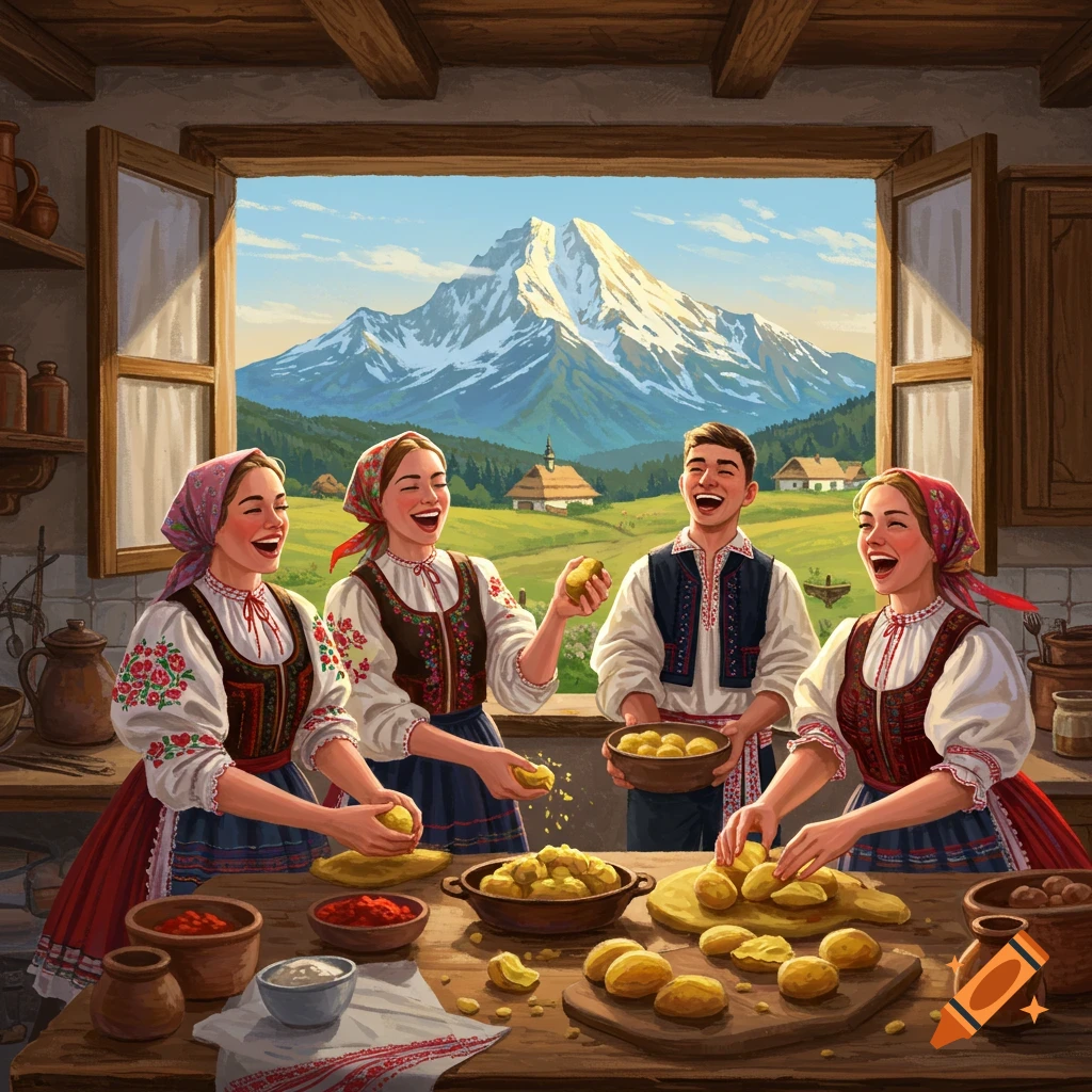 Four smiling people in traditional Slovak clothing prepare food in a kitchen, with a scenic view of Kriváň mountain through the window.
