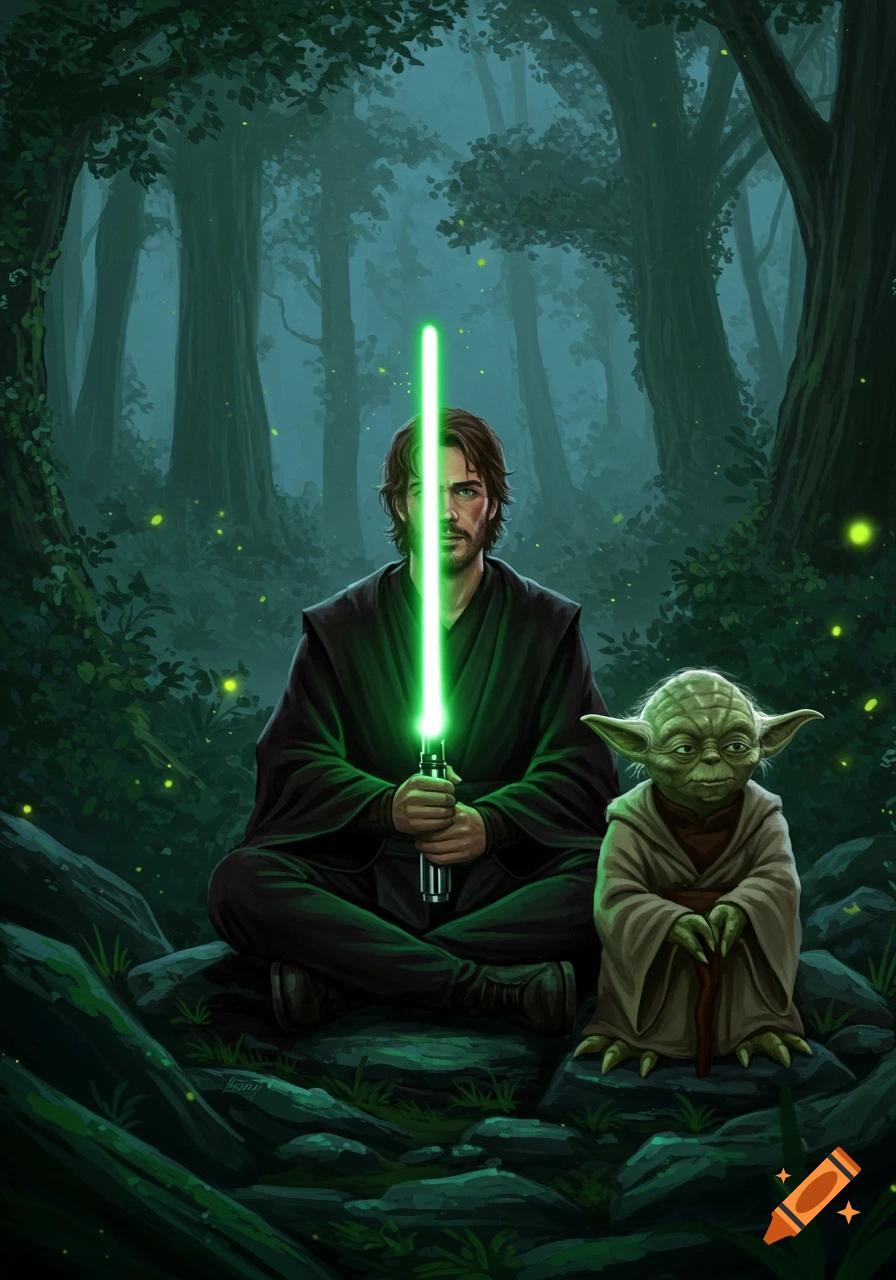 Illustrated man in black Jedi robes holding a green lightsaber, sitting cross-legged next to Yoda in a dark, glowing forest.