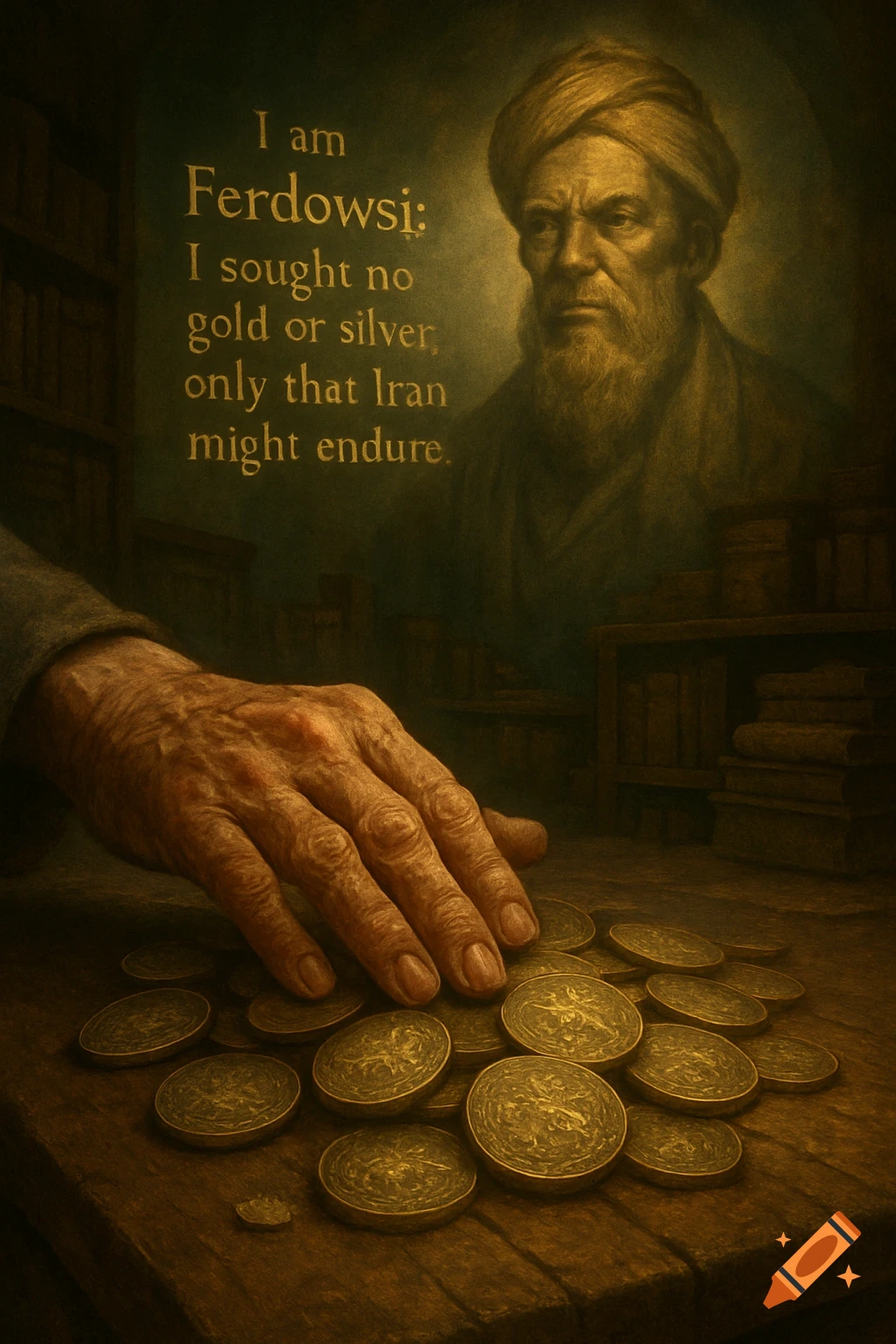 Portrait of a wise, old Persian man (Ferdowsi) in a turban, a hand pushing away gold coins. Text reads: 'I am Ferdowsi; I sought no gold or silver, only that Iran might endure.'