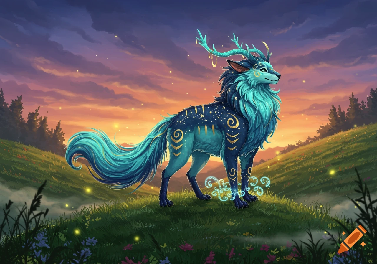 A majestic blue wolf-deer with antlers and celestial patterns stands on a grassy hill at sunset, digital fantasy art.