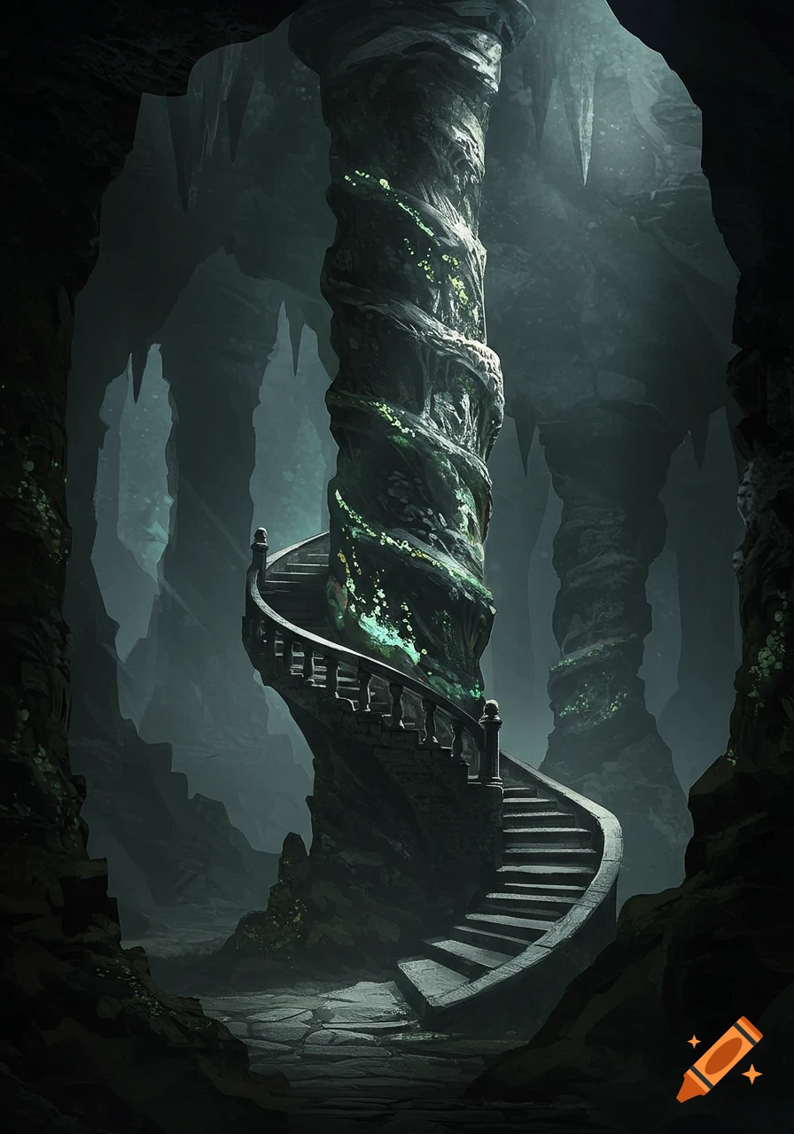A dark, misty cavern features a massive, twisted rock column encircled by an ancient stone spiral staircase, illuminated by faint light.