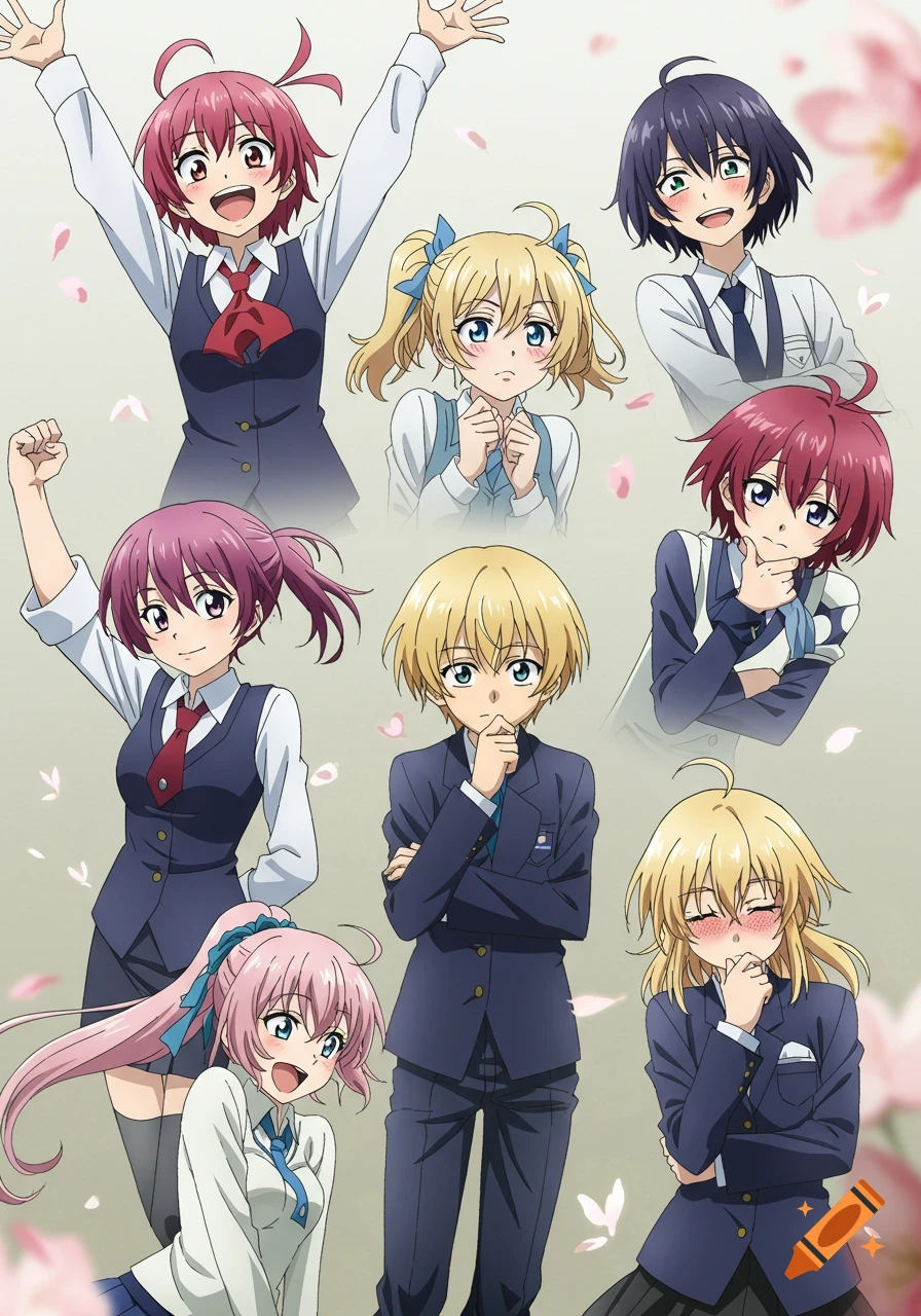 Nine anime characters in school uniforms, with varied hair colors and expressions, posing with cherry blossoms in the background.
