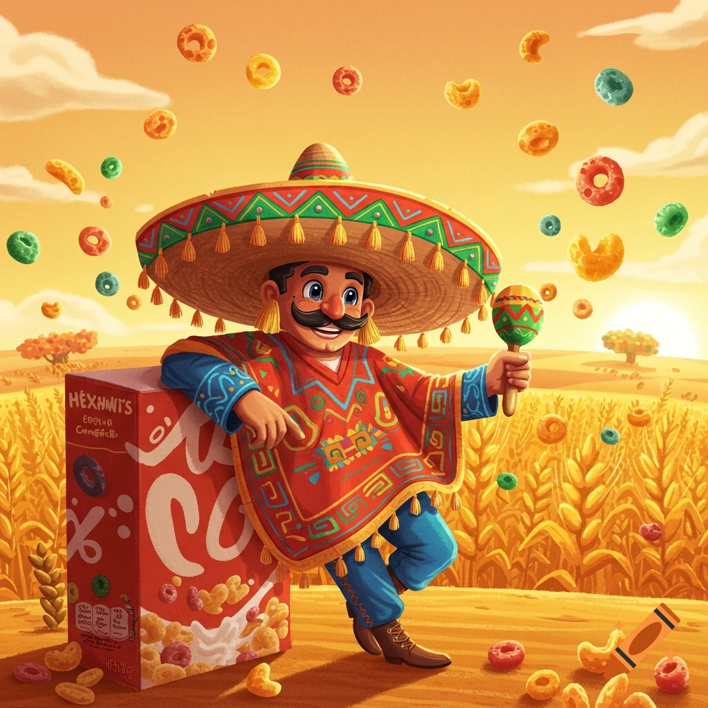 A cartoon man in a sombrero and poncho holds a maraca, leaning on a cereal box, with floating cereal in a golden field at sunset.