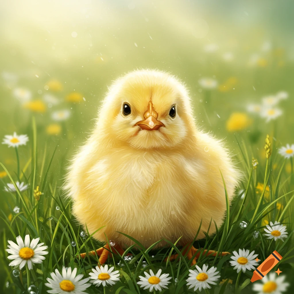 A fluffy yellow chick stands in a field of green grass and white daisy flowers with dewdrops, looking directly at the viewer.