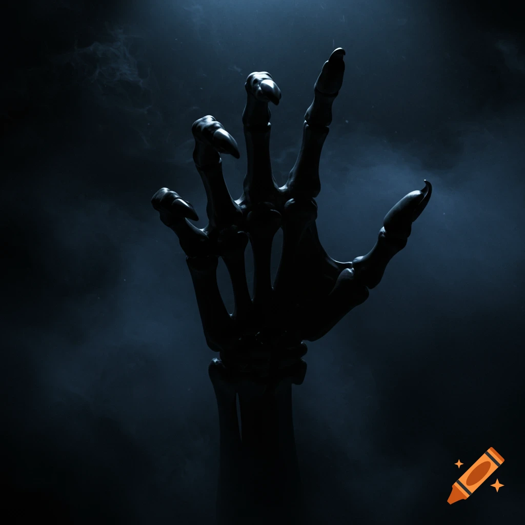 An eerie, dark skeletal hand with long bony fingers reaches upwards out of a smoky, dark background.