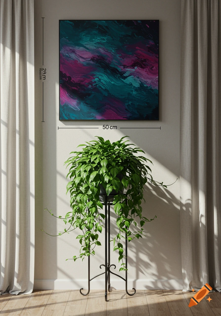 A photorealistic image of a vibrant green potted plant on a stand, below an abstract painting with teal and magenta swirls, in a sunlit room with beige curtains.