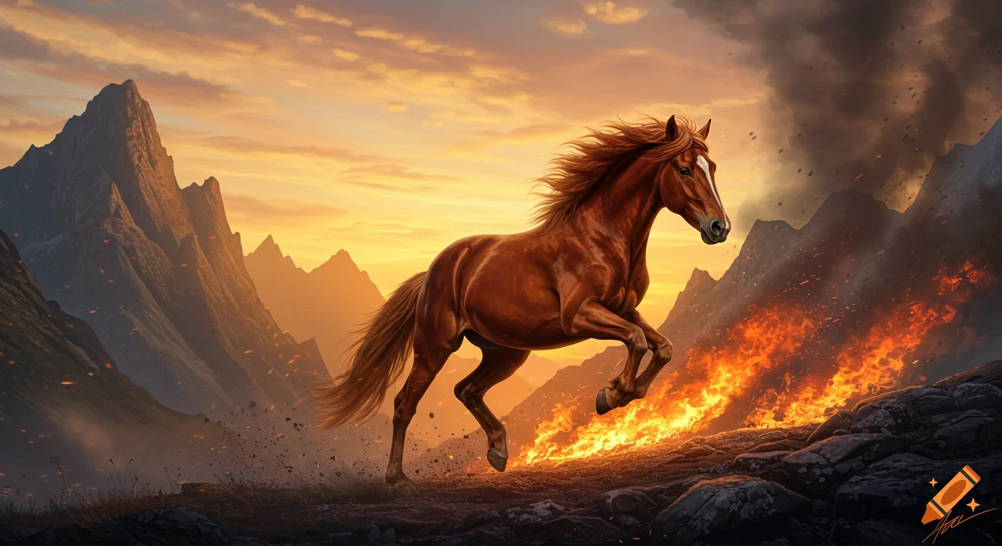 A majestic brown horse gallops through a fiery mountain landscape under a dramatic sunset.