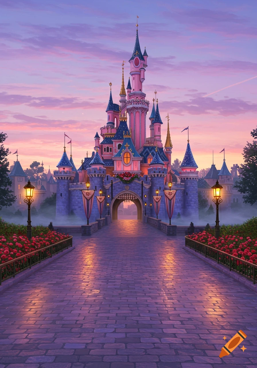Majestic pink and blue fairytale castle at sunset, with a path lined by glowing lanterns and red roses leading to its archway.