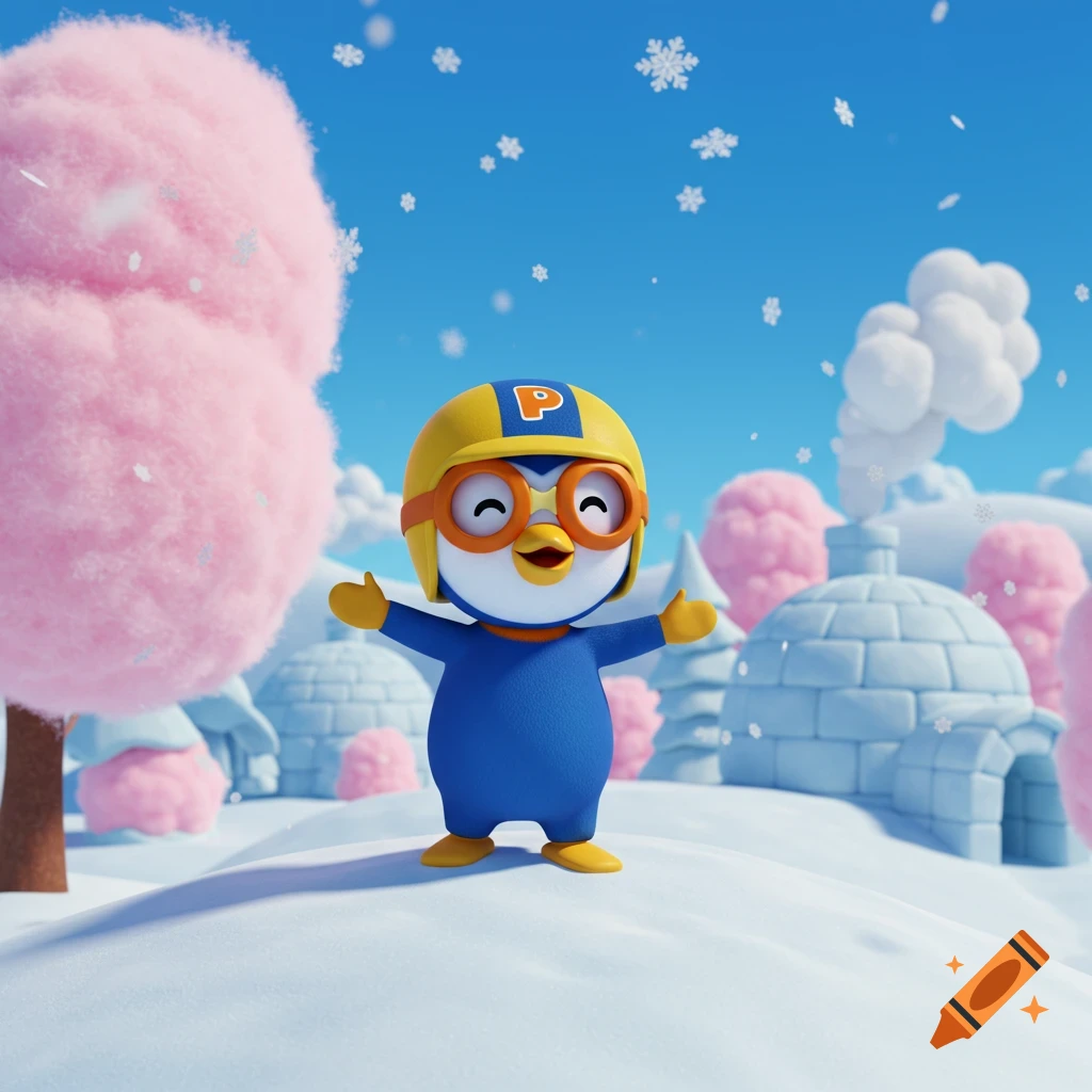 A cartoon penguin with a yellow helmet and goggles stands in a snowy landscape with pink trees and igloos under a blue sky, with snowflakes falling.