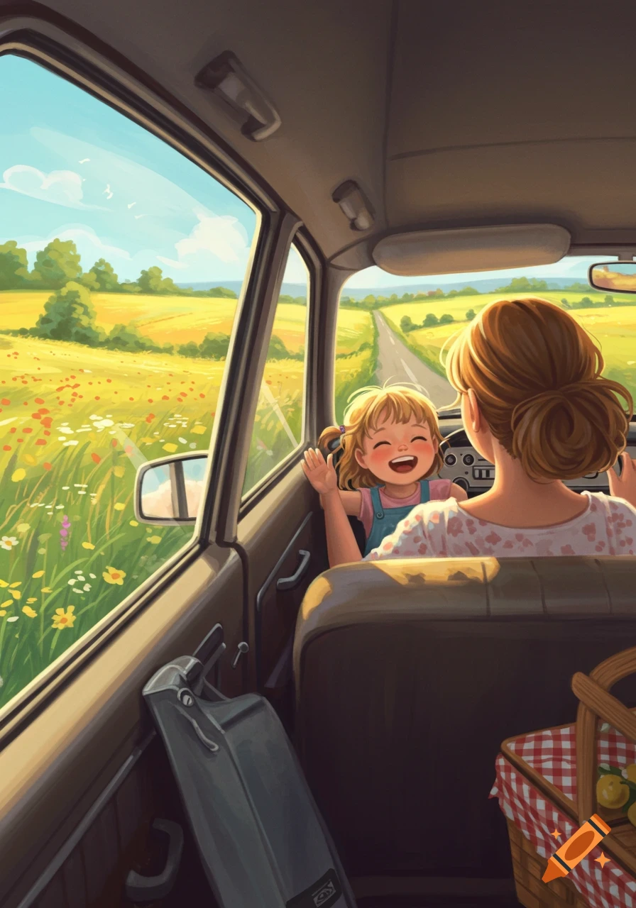 Illustrated scene of a mother and a happy child in a car, driving through a sunny, flower-filled countryside.