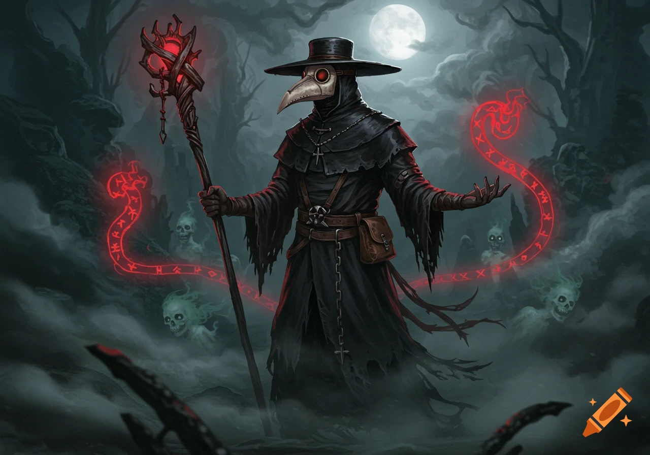 A grim plague doctor in a black cloak and bird-mask stands under a full moon, surrounded by fog, glowing red runes, and ghostly figures, holding a staff.
