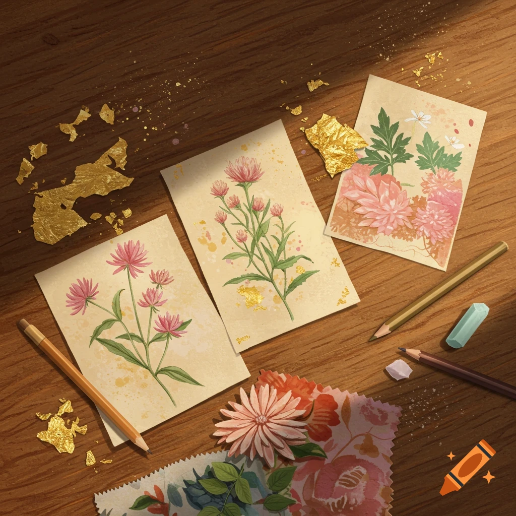 Top-down view of three botanical watercolor illustrations, gold leaf, pencils, and erasers on a wooden table with patterned fabric.