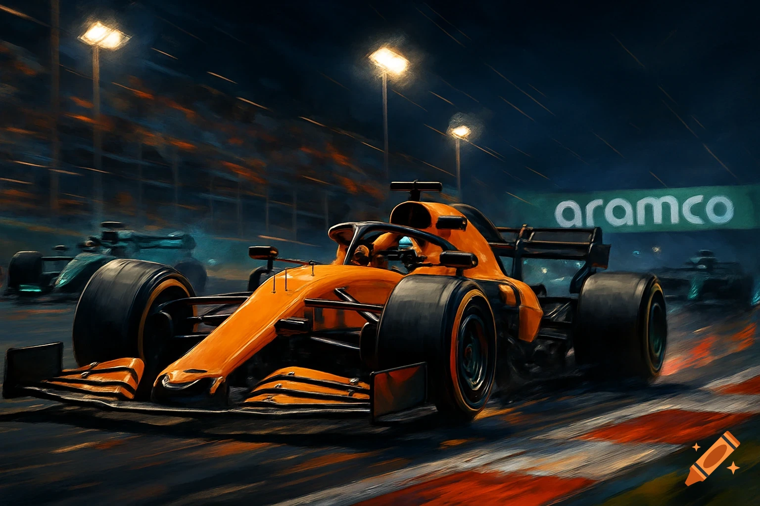 An orange Formula 1 race car speeds on a track at night, with a blurred green car behind it and an 'Aramco' sign, in a painterly style.