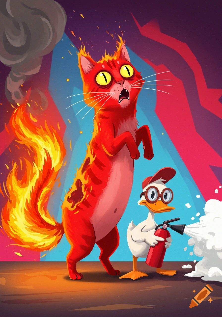 A red cartoon cat with a flaming tail looks scared as a duck uses a fire extinguisher to put out the fire.