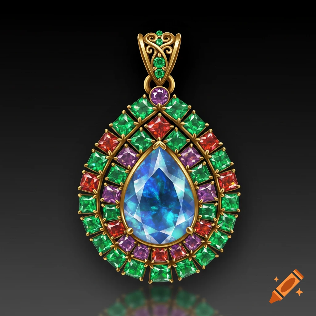 A gold pendant features a large faceted blue teardrop gem, surrounded by square-cut green, red, and purple gems.