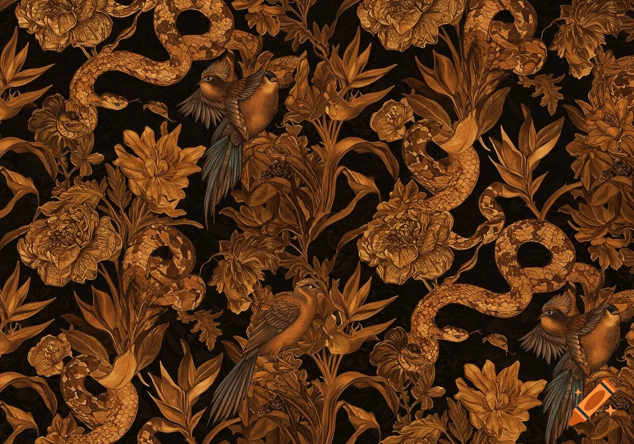 Intricate golden and copper pattern featuring snakes, birds, and flowers on a dark background.