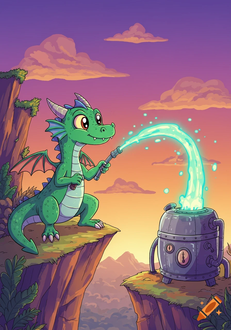 A green cartoon dragon on a cliff sprays glowing blue liquid from a hose into a metallic tank at sunset.