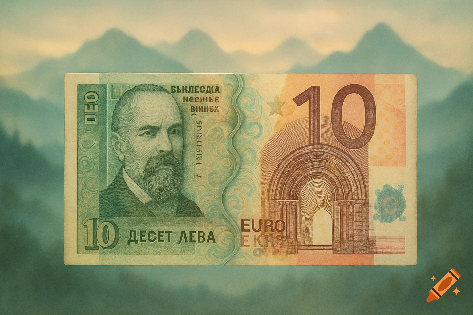 A hybrid banknote combining elements of a 10 Bulgarian Lev and a 10 Euro note, featuring a bearded man's portrait on the left and an architectural arch on the right, set against blurred green mountains.