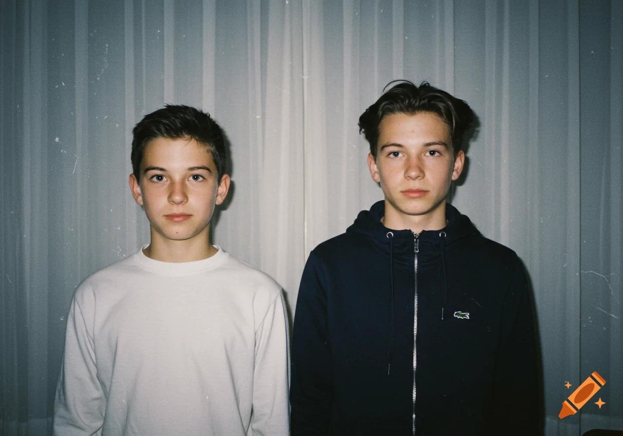 Two young men stand side-by-side in front of a white curtain, captured in a nostalgic Polaroid-style portrait.