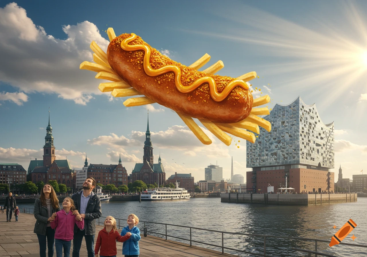 A giant flying currywurst and french fries soar over the Hamburg skyline, while a family watches from a promenade.