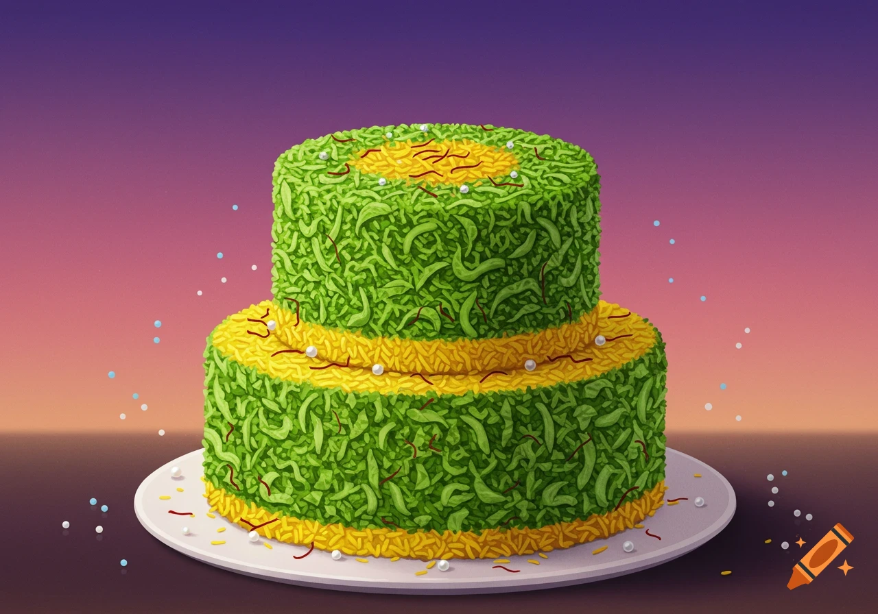 A two-tiered green and yellow cake, inspired by Shirazi cabbage and rice, decorated with saffron and pearls on a white plate.