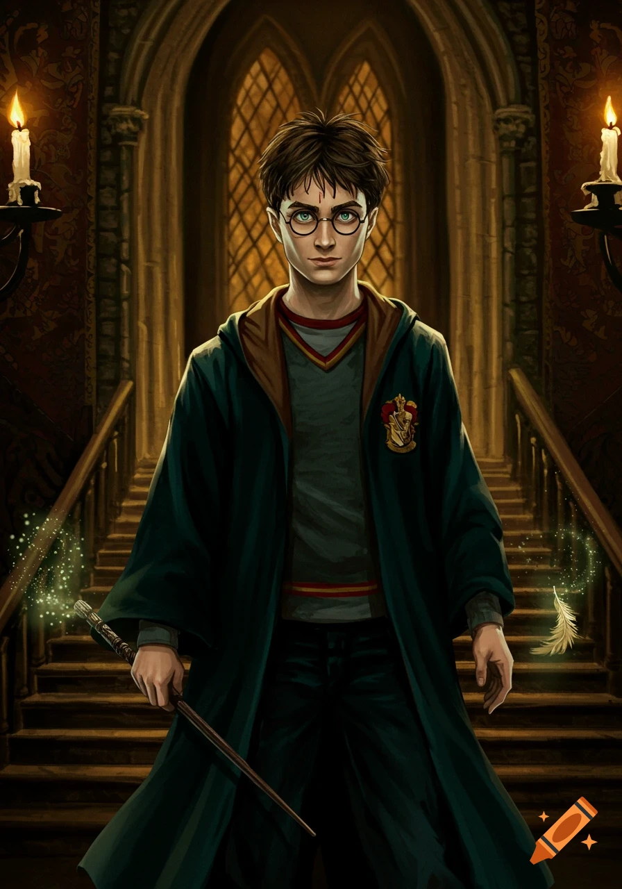 An illustration of Harry Potter, wearing glasses and a dark robe, holding a glowing wand in a dimly lit magical hallway.