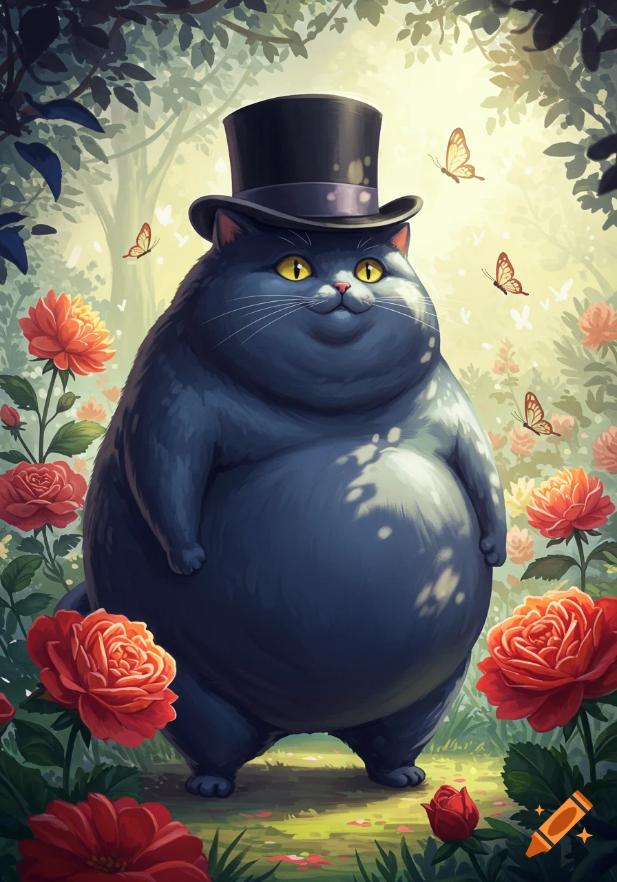 A plump, dark grey cartoon cat with yellow eyes and a black top hat stands in a whimsical garden surrounded by red roses and butterflies.