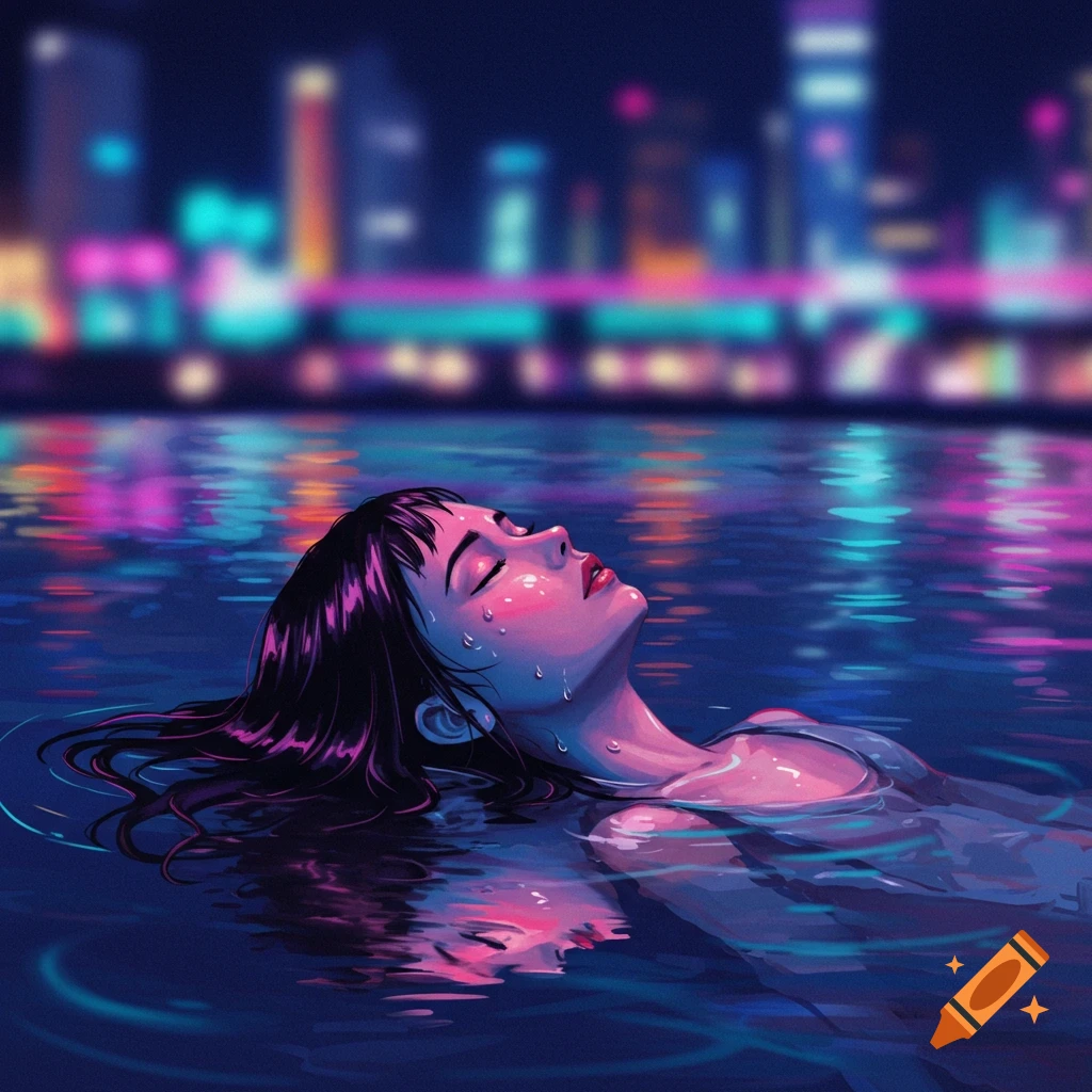 A stylized illustration of a woman floating on her back in neon-lit water, with a blurred city skyline in the background at night.