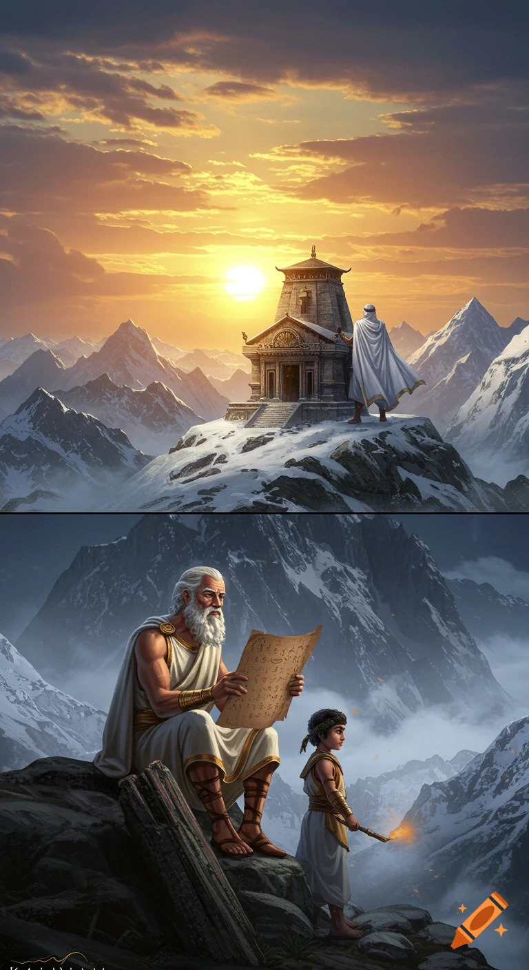Split image: top features a mystical temple on a snowy peak at sunset. Bottom shows an ancient wise man and a boy with a torch observing an old scroll in a snowy mountain landscape, hyperrealistic.