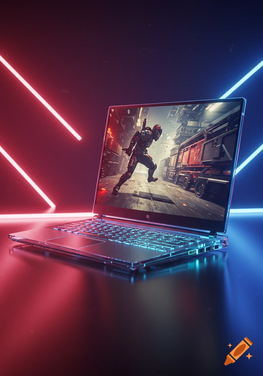 A sleek silver gaming laptop with a glowing blue keyboard, displaying an action-packed video game scene, against a backdrop of red and blue neon lights.