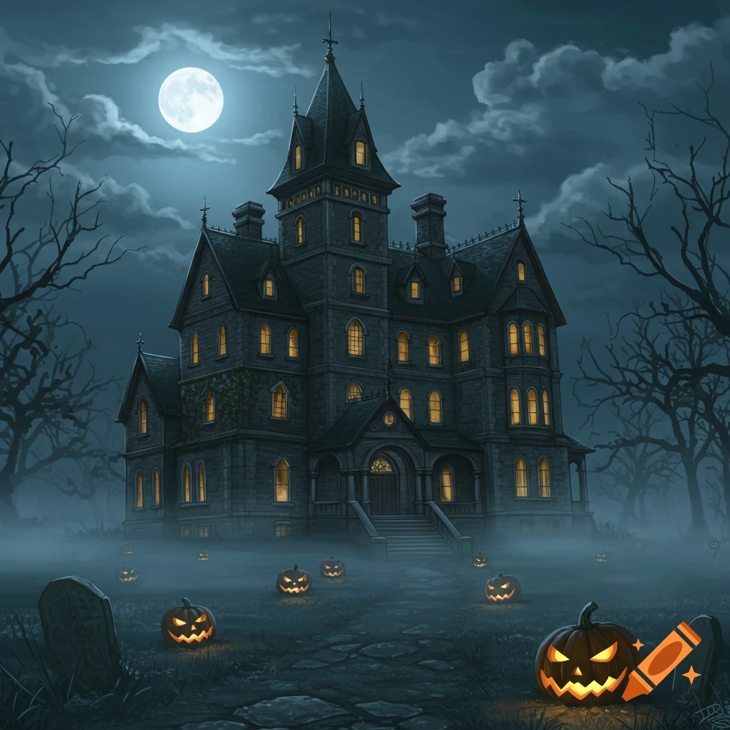 A spooky gothic haunted mansion stands under a full moon at night, surrounded by bare trees, fog, glowing jack-o'-lanterns, and tombstones.