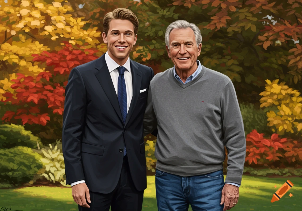Two smiling men, one young in a suit and one older in a sweater, stand arm-in-arm against a vibrant autumn foliage backdrop, painted style.