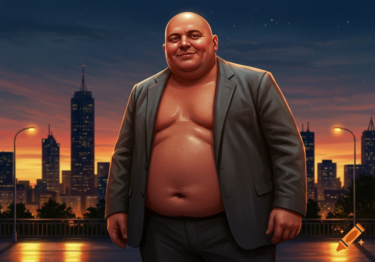 Smiling bald man in an open grey blazer with a bare torso stands before a city skyline at dusk, illustrated.