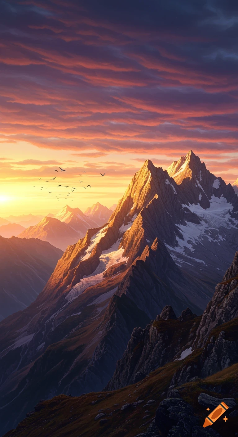 Dramatic sunrise over rugged, snow-capped mountains bathed in golden light with a vibrant orange and purple sky, birds flying.