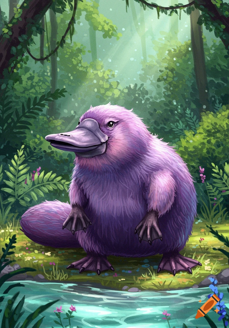 A vibrant purple platypus with a large bill and webbed feet stands by a calm stream in a lush, green forest.