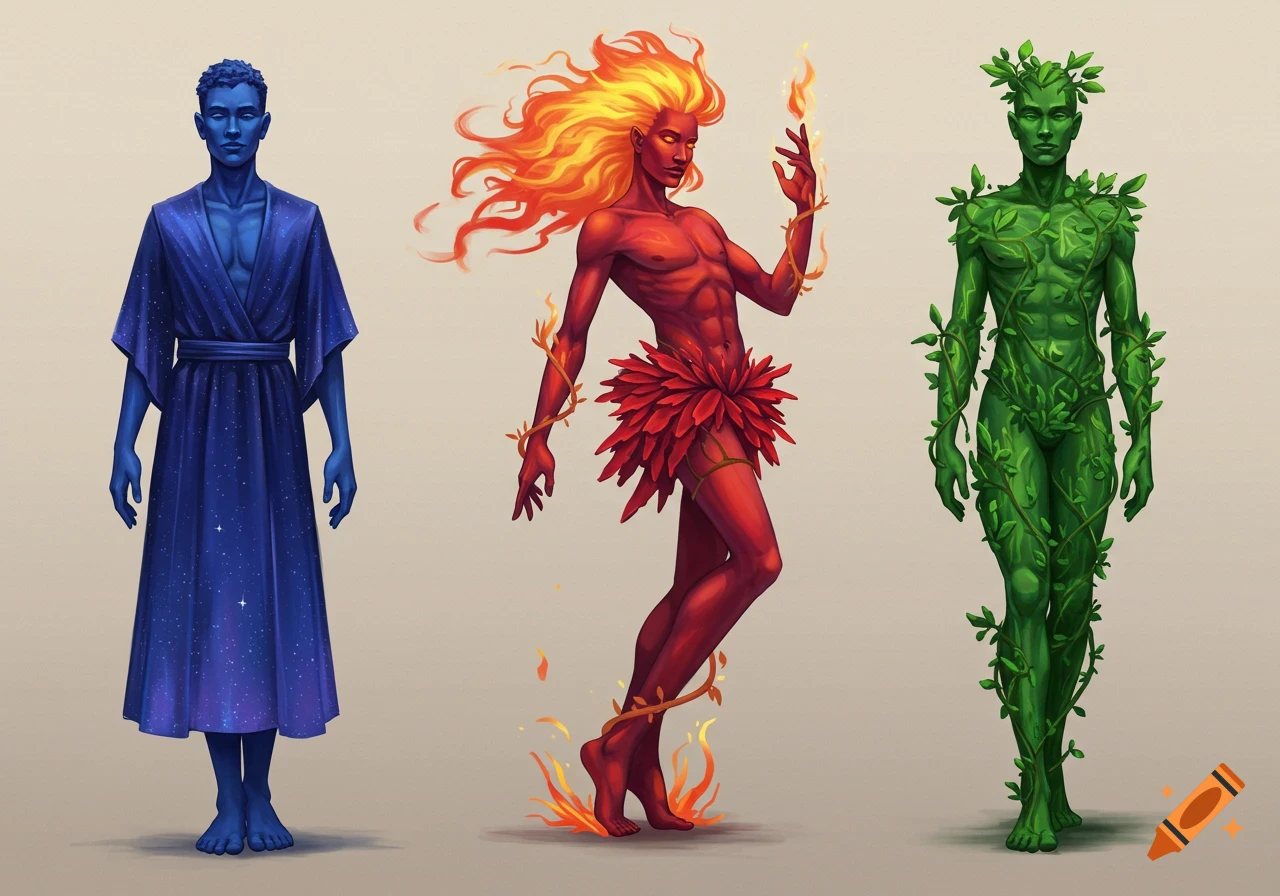 Three stylized elemental figures: a blue man in a starry robe, a red man with fire hair and skirt, and a green man covered in leaves.