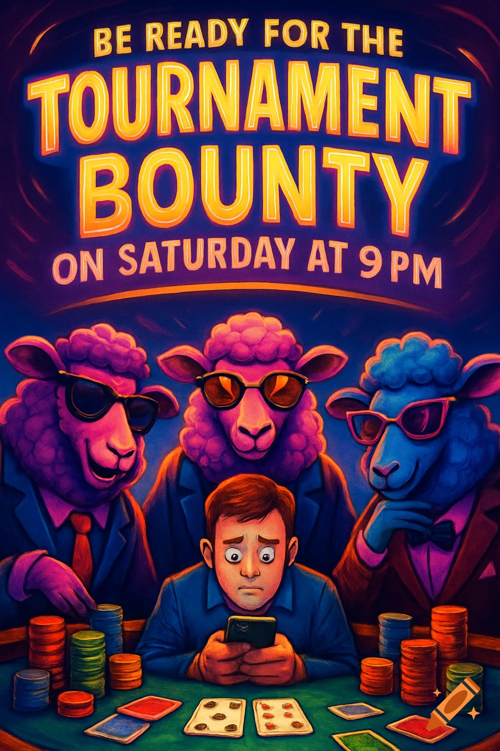 A vibrant cartoon promotional poster for a poker tournament, showing a human looking at a phone while three anthropomorphic sheep in suits and sunglasses stare at him intently at a poker table.