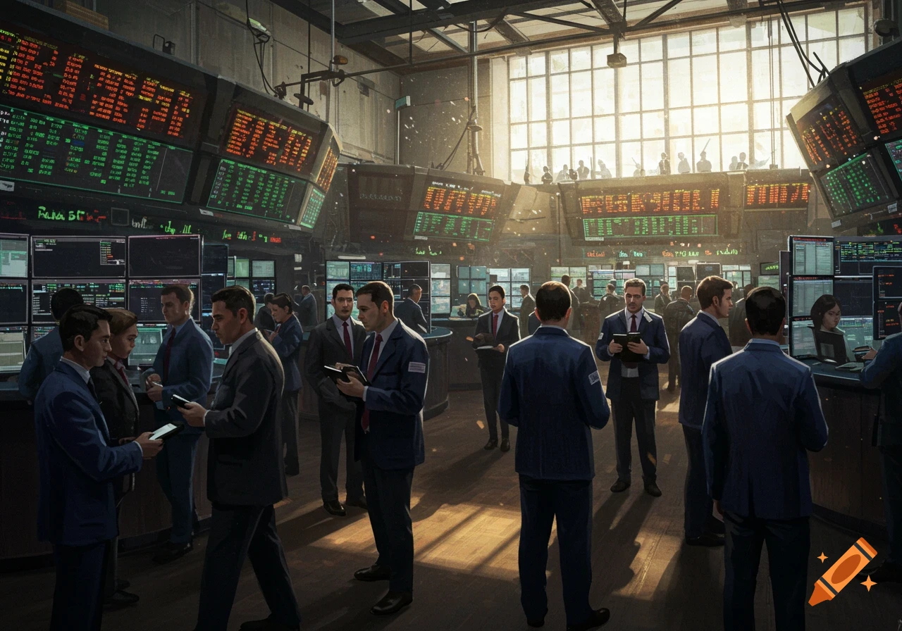 A busy trading floor filled with suited stock market traders, bathed in sunlight from large windows, with screens displaying data.