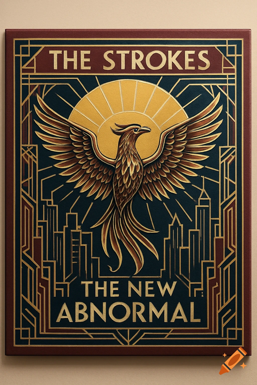 Art Deco album cover for 'The Strokes - The New Abnormal' featuring a golden phoenix and cityscape.