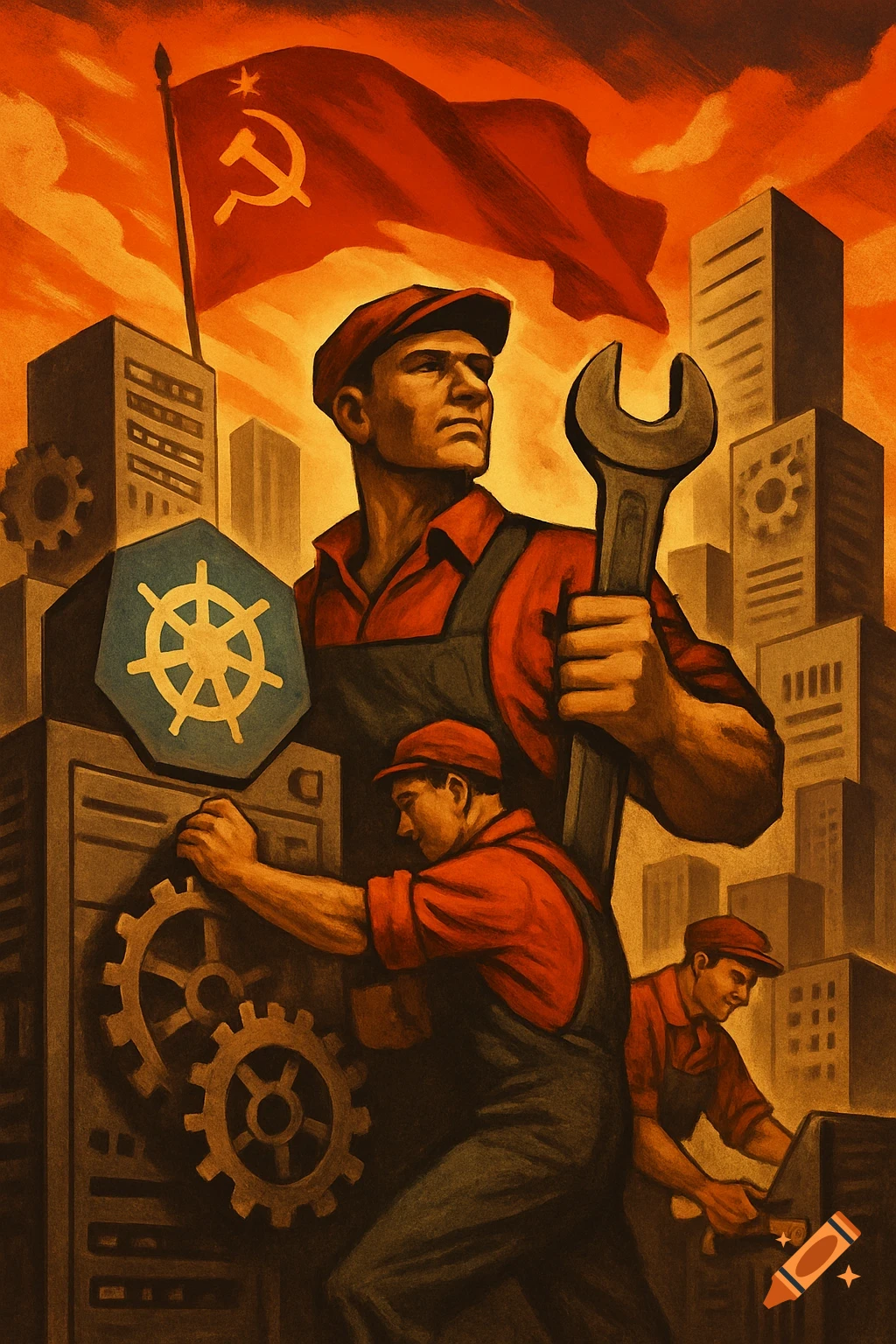 Socialist realist poster of workers, one holding a wrench, others with gears and machines, against a city, red flag, and Kubernetes symbol.