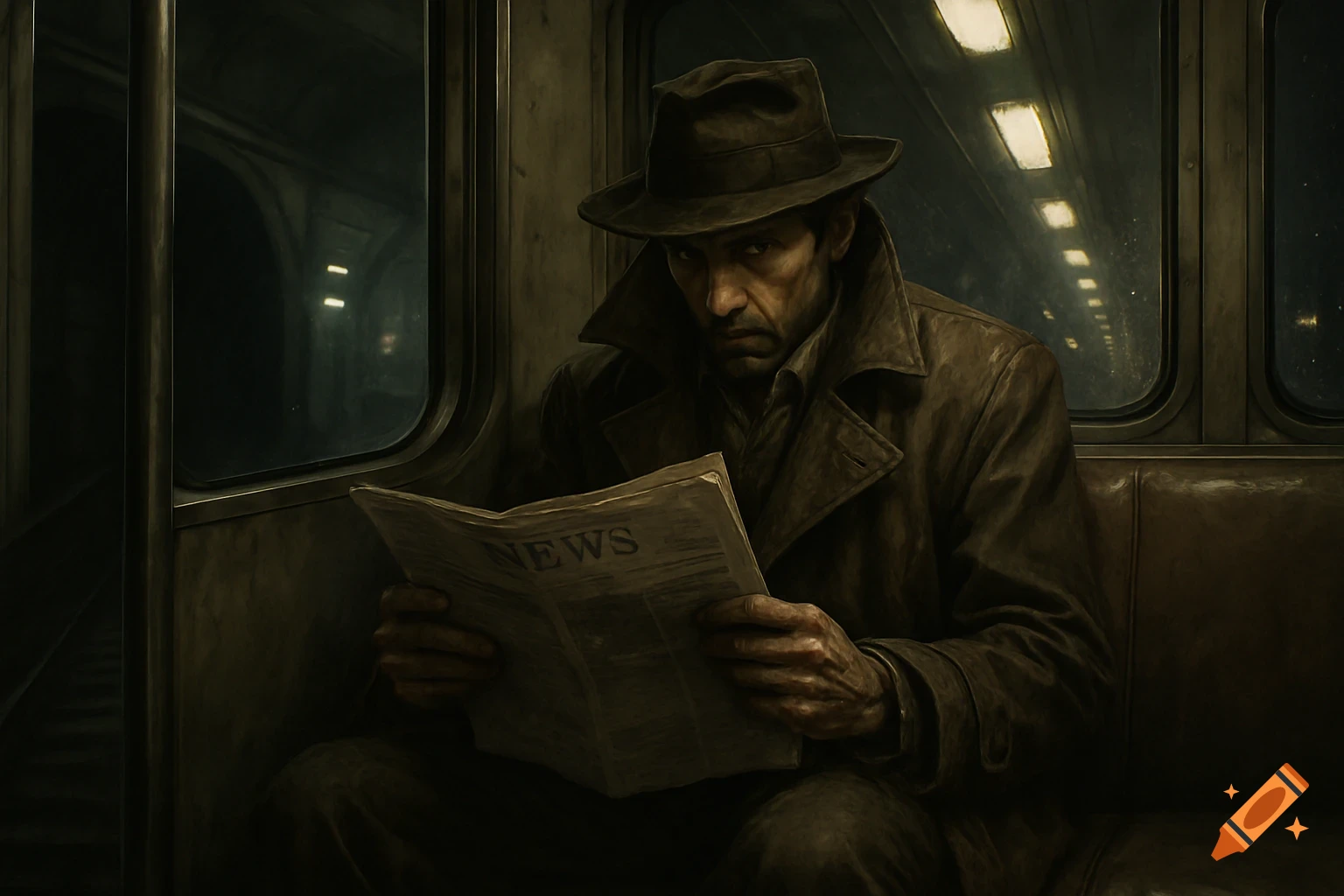 A gritty, photorealistic image of a man in a trench coat and fedora reading a newspaper on a dark subway train.