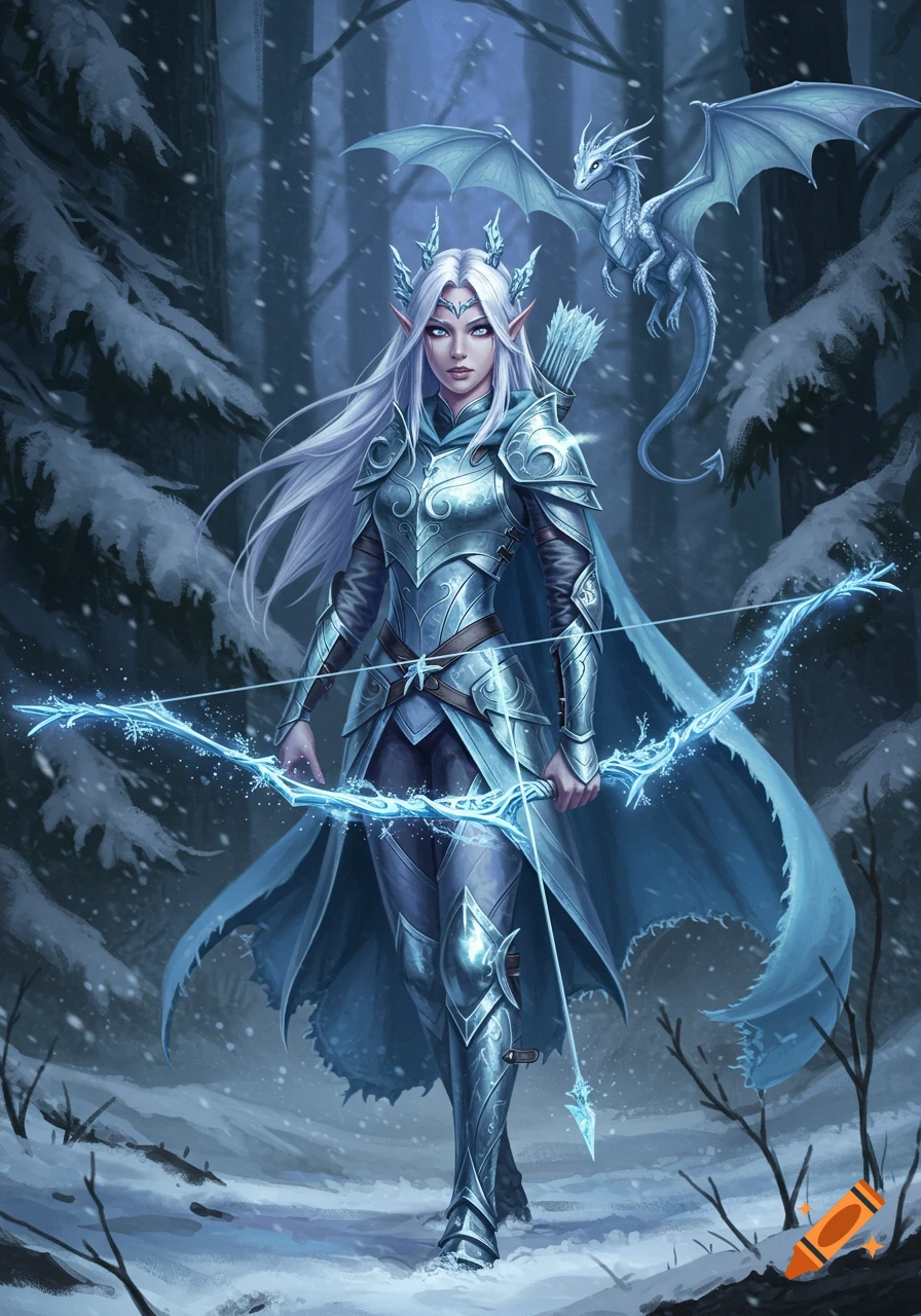 An armored Eladrin Ranger with a glowing bow stands in a snowy winter forest, a small silver dragon flying beside her. Digital fantasy illustration.