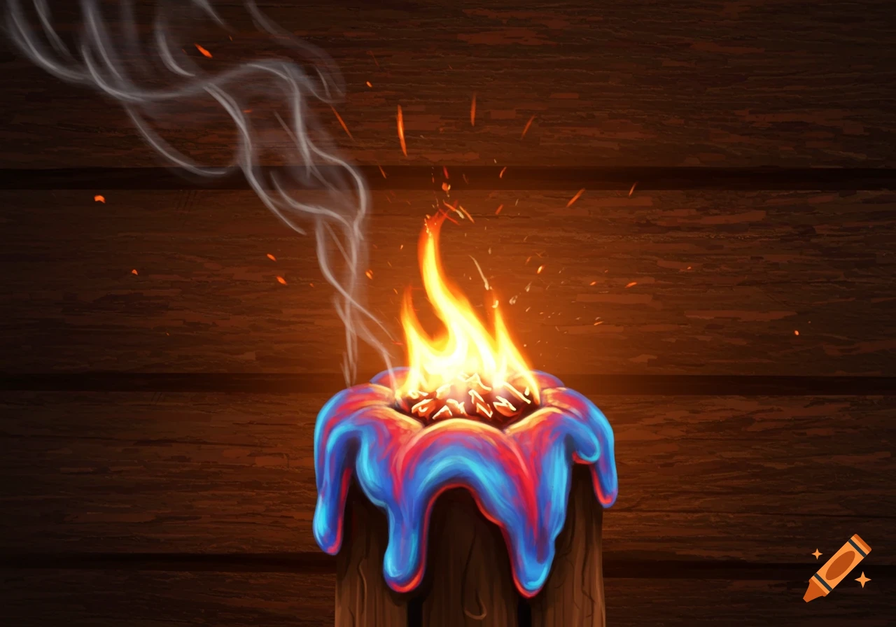 A vibrant blue and red melting object with a bright flame and smoke against a dark wooden background.