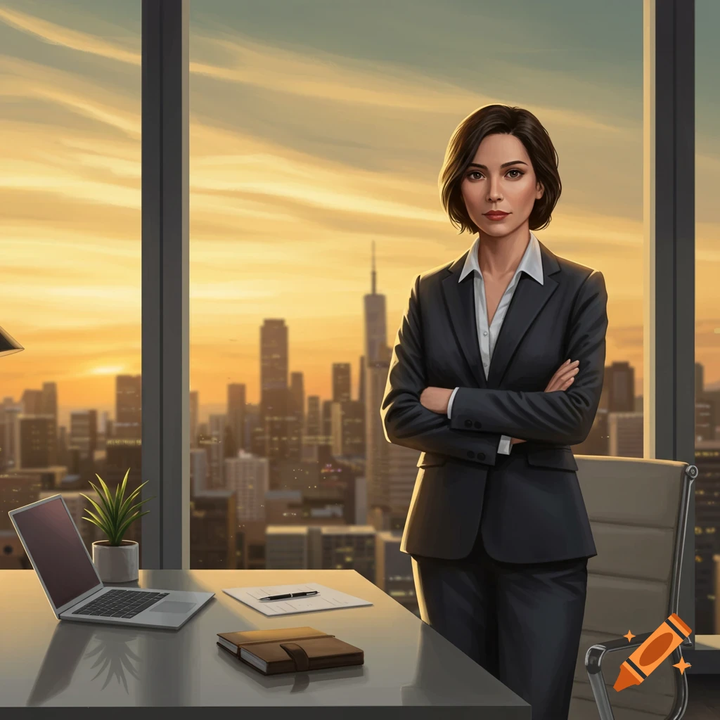 A confident woman in a dark business suit stands with crossed arms in an office, a cityscape at sunset visible through large windows.