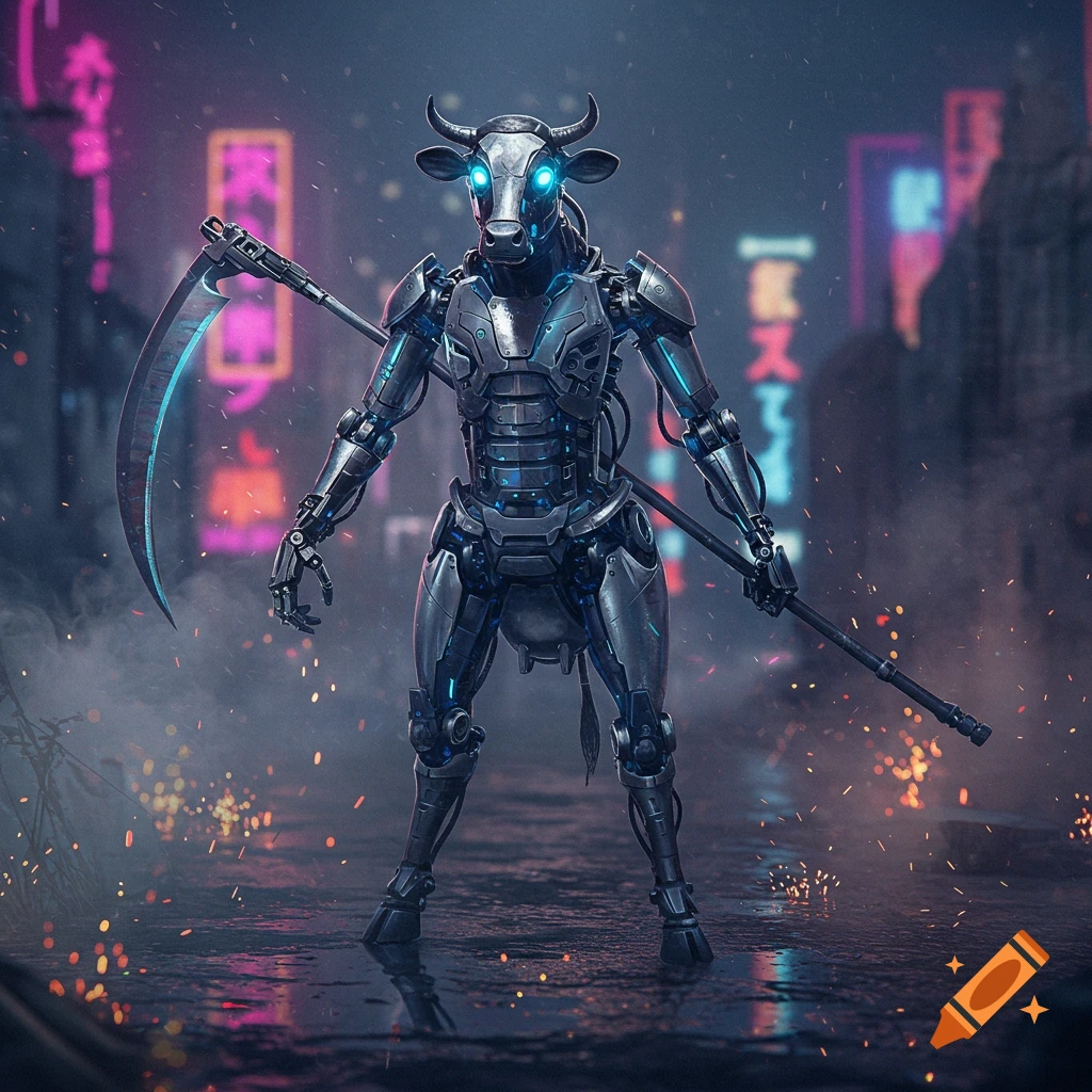 A photorealistic robot with a cow-like head, glowing blue eyes, and a scythe stands in a dark, neon-lit cyberpunk city street.