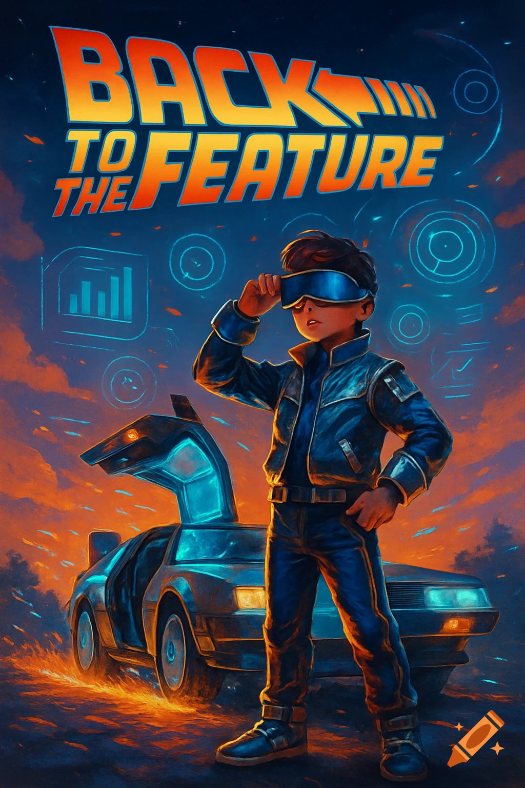 A stylized poster showing a young boy in futuristic gear and VR goggles standing in front of a glowing DeLorean-like car at sunset, with "BACK TO THE FEATURE" text above.