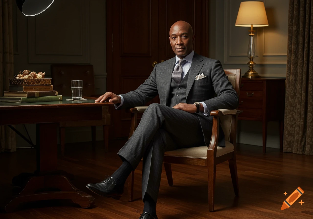A serious man in a gray pinstripe suit sits at a wooden desk in a dimly lit, richly decorated room.