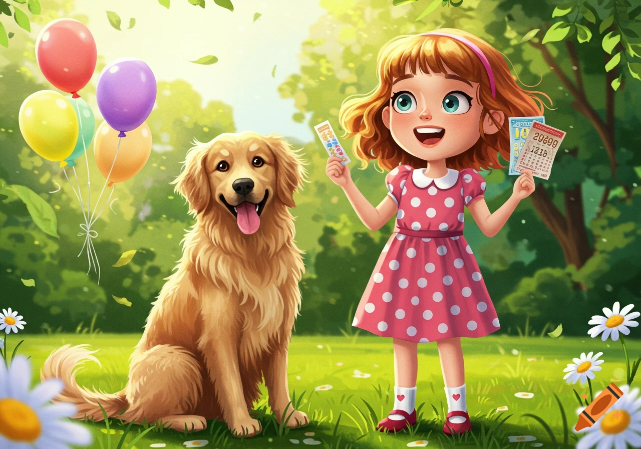 A smiling cartoon girl in a polka dot dress holds tickets next to a happy golden retriever and balloons in a sunny park.