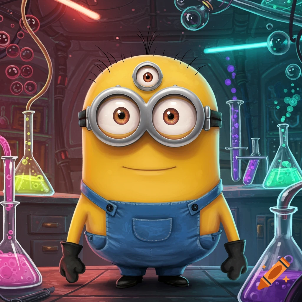 A three-eyed Minion in blue overalls and black gloves stands in a science lab surrounded by colorful beakers and glowing tubes.